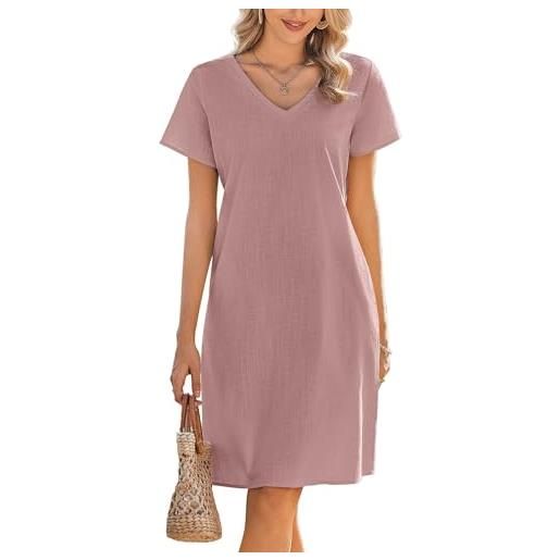Zeagoo abito estivo donna vestito 100% in cotone al ginocchio manica corta abito con scollo a v t-shirt casual vestito elegante a line tinta unita con tasche rosa m