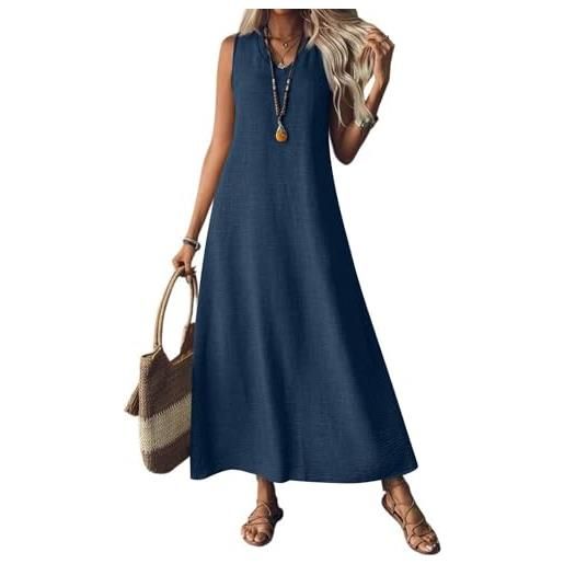 Generisch abiti in lino per donna 2025, con scollo a v, abito maxi senza maniche, abito estivo casual semplice, lungo e fluido per spiaggia e vacanze, blu scuro, 3xl