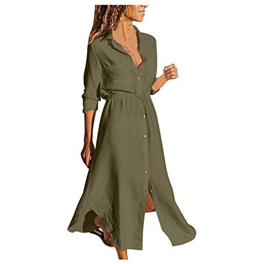 Generico vestito donna estivi lino maniche lunghe casual abito lungo elegante scollo a v tinta unita vestiti maxi linea a curvy cerimonia abiti da spiaggia