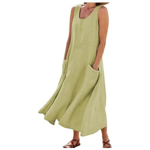 Generic abito estivo da donna, ampio, in cotone e lino, taglie forti, estivo, senza maniche, con tasche, verde chiaro, 4xl