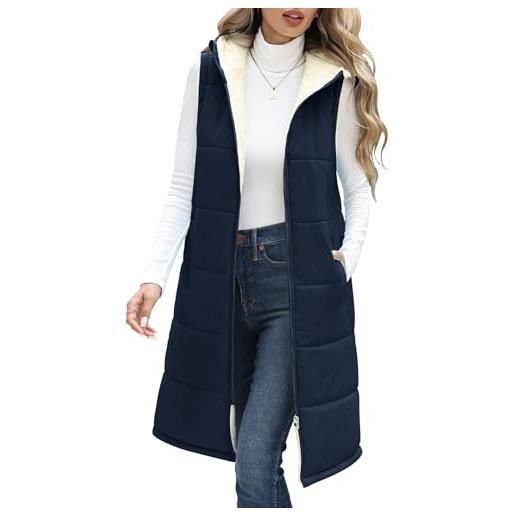 Vancavoo gilet donna invernale lungo pile smanicato con cappuccio piumino giacca imbottito cappotto con cerniera