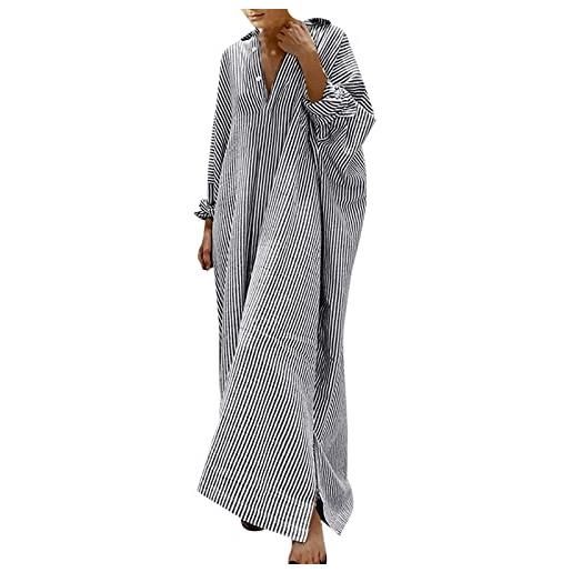 Generic vestiti estivi lunghi in lino abito estivo donna abito da donna in camicia di cotone e lino a righe abiti lunghi larghi casuali vestiti estivi estivo elegante (black xl)
