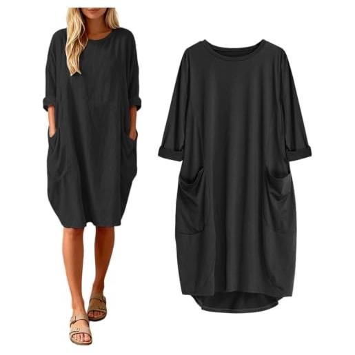 Generico abito donna oversize con tasche e maniche arrotolate, tunica estiva girocollo in morbido cotone, vestito casual per casa, relax e spiaggia, taglie s-5xl