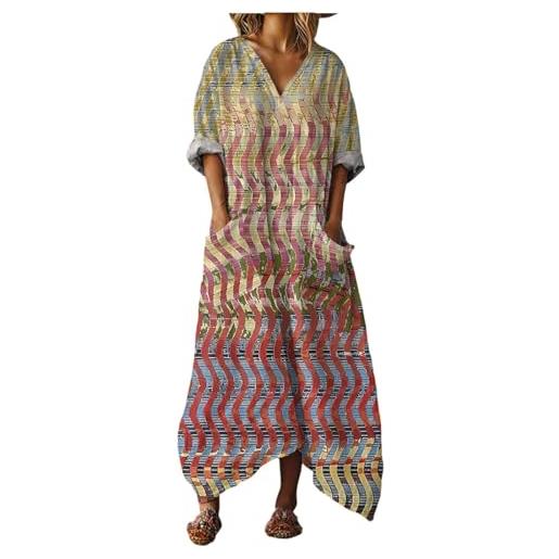 Mfhmom vestiti donna estivi taglie forti curvy abito lungo lino e cotone con tasche scollo v bohemien traspirante vestito estivo donna largo comodo abbigliamento primavera spiaggia