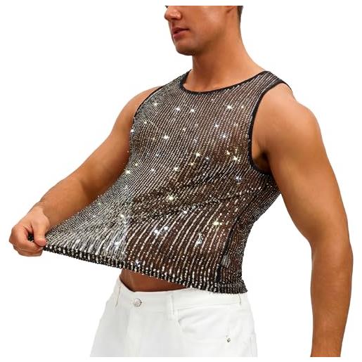 FEOYA canotta da uomo con paillette, senza maniche, scollo rotondo, con paillette, maglietta da uomo, metallizzata, lucida, per discoteca, festa, glod. , m