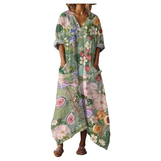 Mfhmom vestito donna estivo lungo in cotone e lino abito boho chic con grandi tasche scollo a v manica corta ampio traspirante casual vestiti lunghi estivi donna leggero mare