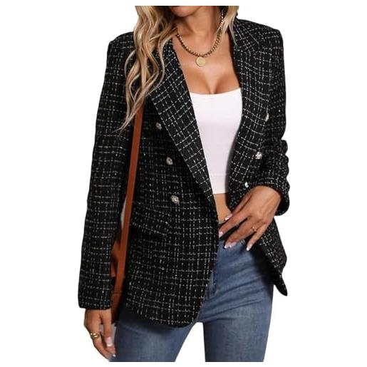Goolecrimp primavera delle donne elegante tweed plaid abito giacca manica lunga casual business abito giacca manica lunga con tasche casual ufficio giacca
