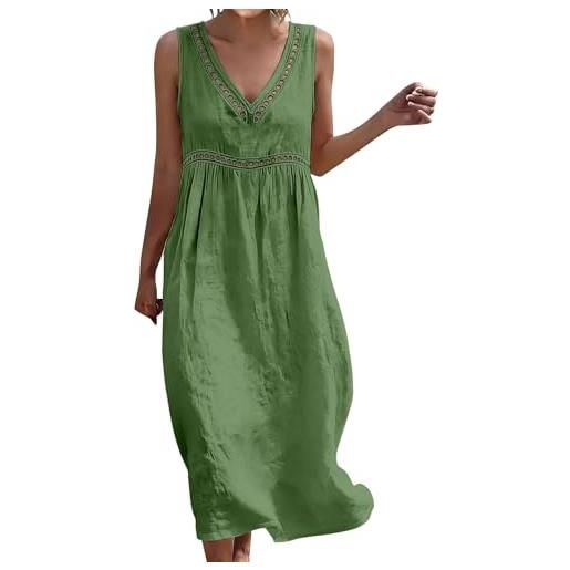 bbetqgh vestito donna estivo, abiti lunghi estivi donna vestito in lino di cotone scollo girocollo senza maniche taglie forti abito bohémien traforato vestitini leggero traspirante per mare spiaggia vacanza