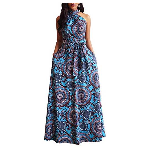 VERWIN maxi abito senza maniche, lunghezza pavimento, vita alta con fiocco, colletto alto, stampa, blu, l