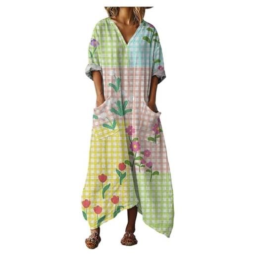 Generico abito lungo donna boho chic in lino scollo a v maniche lunghe, vestito maxi floreale vintage con tasche per mare spiaggia vacanza primavera taglie forti elegante comodo