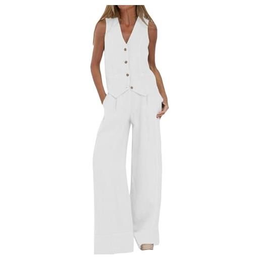 MASUCOR abito in lino da donna elegante per il tempo libero completo estivo in lino in due pezzi blazer senza maniche gilet e pantaloni con scollo a v completo in 2 pezzi tailleur casual tinta unita