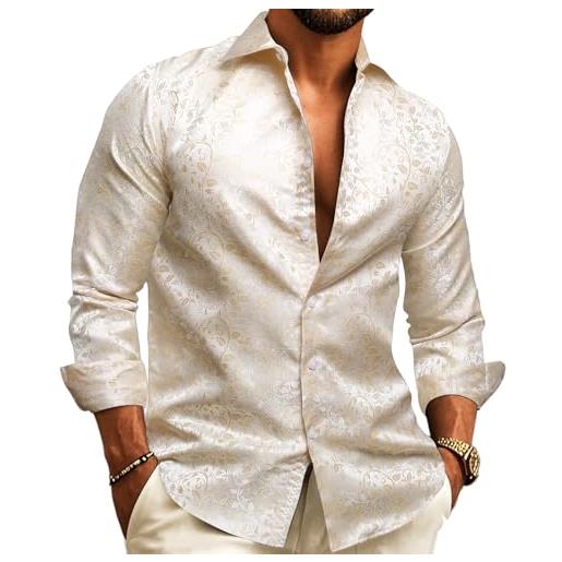 Barry.Wang camicia da uomo in seta paisley floreale manica lunga vestibilità regolare festa di nozze casual business abito formale, oro chiaro, m