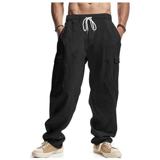 PADOLA pantaloni uomo cotone lino cargo spiaggia tasca multipla vita regolabile coulisse casual chino lungo estivo per mare e viaggio(s, nero)