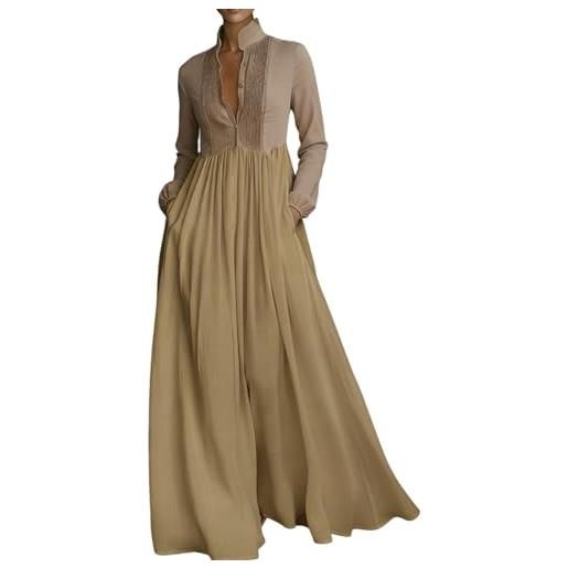 Generic vestito lungo elegante da donna in lino e cotone con patchwork, camicia con colletto a bottoncino singolo, maniche lunghe, con tasche, vestito estivo da spiaggia, formale per cerimonie estive, cachi