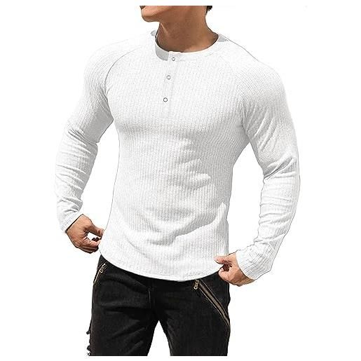 Muhshoiy manica lunga uomo casual, maglietta a maniche lunghe casual slim henley maglietta 3 bottoni, long sleeve shirt white 2xl