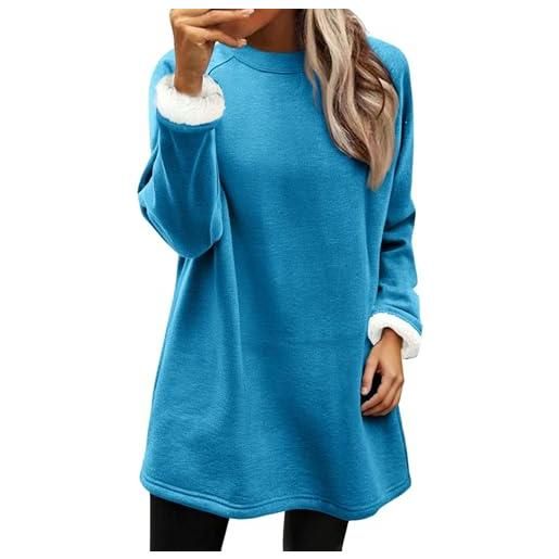 Generico felpa donna foderata in pile senza cappuccio, pullover oversize morbido e caldo per inverno, maglia casual a manica lunga girocollo tinta unita