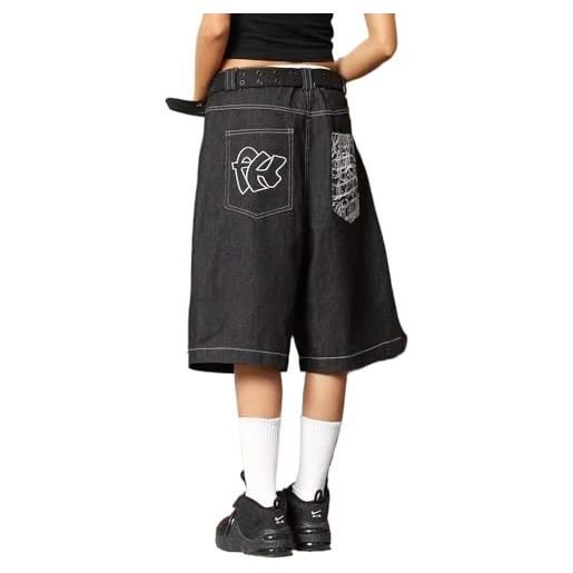 oytto oyotto pantaloncini in denim uomo casual cargo jeans hipster 3/4 lunghezza jorts y2k baggy retro hip hop streetwear pantaloni allentati ricamati gamba dritta skateboard jeans nero m
