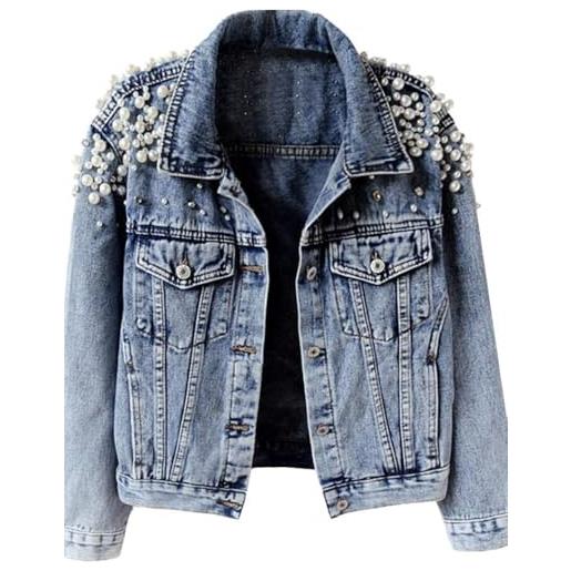 Suncadmious cappotto corto in denim con perle ricamate vintage da donna (blu, s)