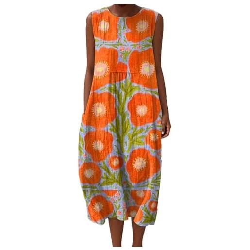 Generico abito estivo donna lungo in lino boho chic vestito senza maniche girocollo con tasche floreale casual per mare spiaggia vacanza comodo taglie forti curvy moda 2026 elegante