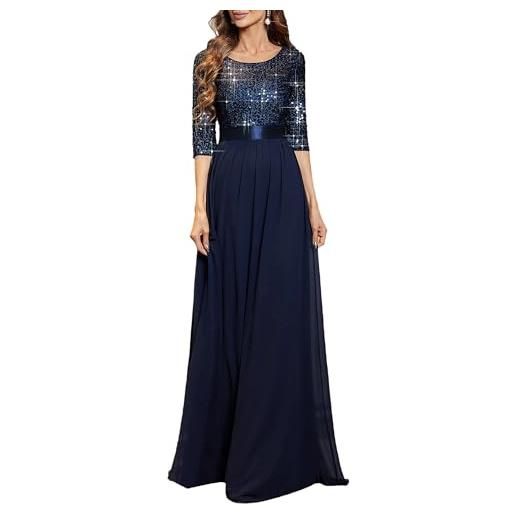 Ever-Pretty vestiti da sera e cerimonia donna linea ad a elegante manica 3/4 con paillettes abiti da damigella chiffon stile impero blu navy 48