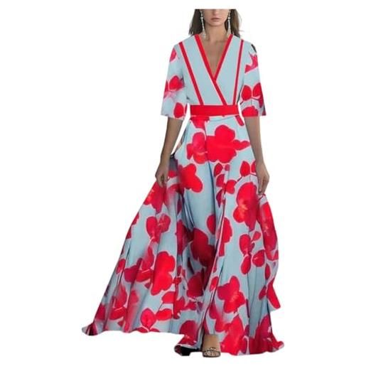Generic abito estivo da donna con maniche eleganti fiori festivi, abito lungo a linea a, abito da sera, abito da sera, aderente, abito da cocktail festivo, scollo a v, abito a fiori maxi, vermilion, xl