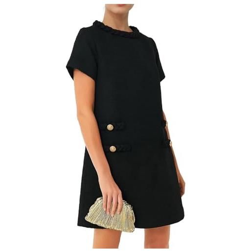 BUNSLOOM abito da donna in tweed a maniche corte, scollo rotondo, linea ad a, per feste, vintage, mini abito casual