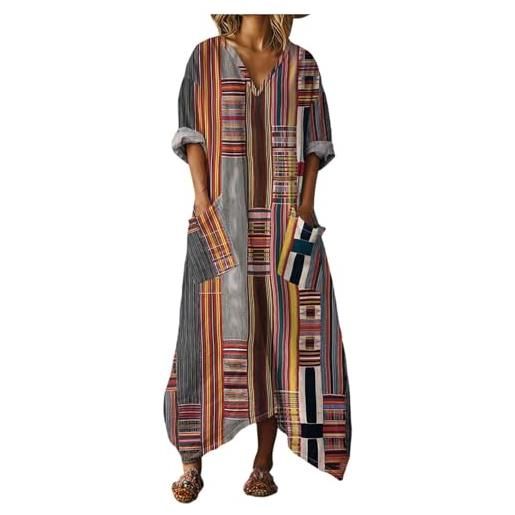 Mfhmom abito donna elegante estivo in lino e cotone vestito lungo casual con tasche scollo a v mezza manica traspirante abiti lunghi estivi bohemien primavera fashion maxi dress