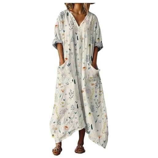 Mfhmom vestito donna estivo lungo in cotone e lino abito boho chic con grandi tasche scollo a v manica corta ampio traspirante casual vestiti lunghi estivi donna leggero mare