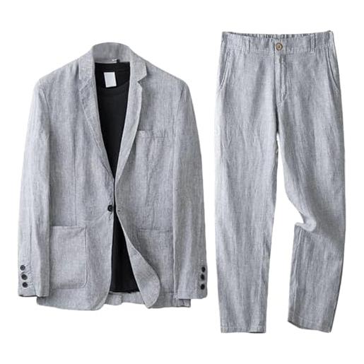 Generic completo da uomo in lino e cotone, 2 pezzi, slim fit, con giacca da smoking e pantaloni con coulisse, completo estivo ballo, matrimonio, per uomo, grigio xx large