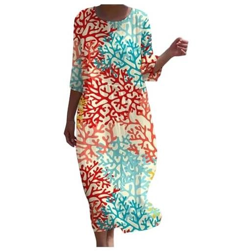 Gienslru vestito in lino donna estivo elegante lungo boho chic in lino effetto 3/4 manich abito maxi floreale vintage con tasche e comodo per mare vacanza primavera estate taglie forti curvy