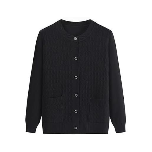 Generico maglione con bottoni per donne anziane di mezza età, cardigan lavorato a maglia con trecce, girocollo, da nonna, morbido e caldo, top casual per l'autunno e l'inverno, nero, taglia unica