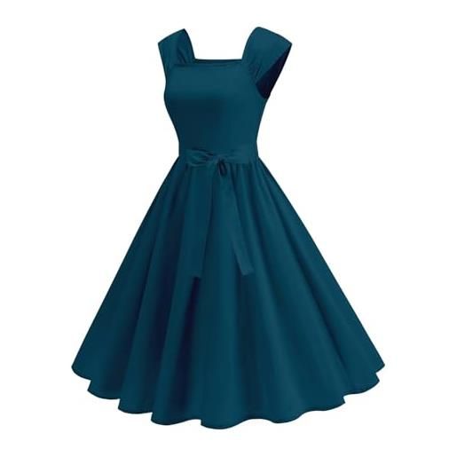Generic abiti vintage da donna anni '40, abiti plissettati, abito longuette elegante stile audrey hepburn prendisole con scollo quadrato senza maniche prendisole in vita con fiocco in vita prendisole per