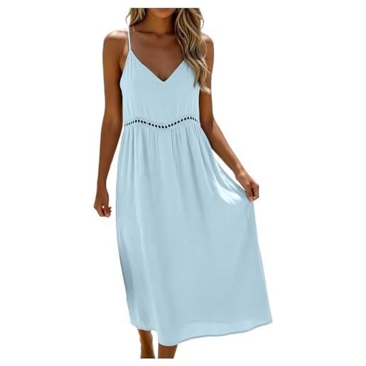 Generico abito lino donna estivo lungo maniche lunghezza al ginocchio casual da spiaggia leggero vestito donna estivo senza maniche scollo a v lino leggero, traspirante, per vacanze spiaggia casa tinta unita