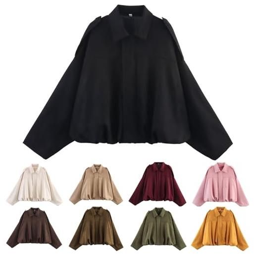 Generisch giacca bomber in pelle scamosciata per donna, corta, per mezze stagioni, maniche lunghe, con collo a revers, tasche con zip, moda primavera, stile casual, taglie forti, giacca y2k, nero , xs