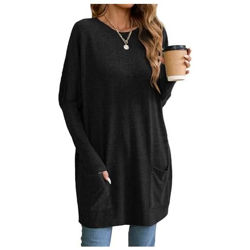 Famulily tunica lunga da donna casual tinta unita oversize lunga maglietta girocollo felpa con tasche