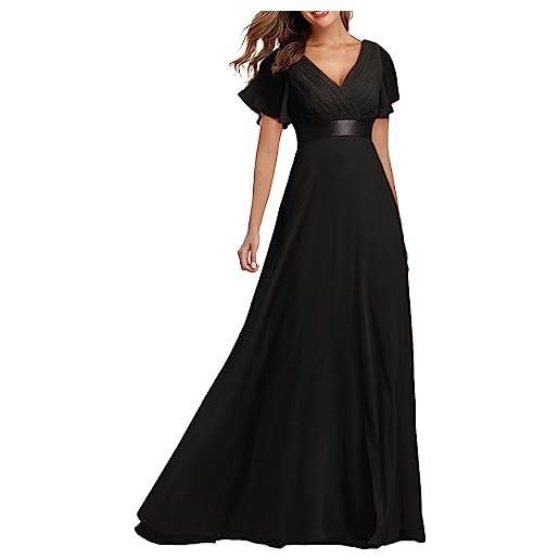ECDAHICC abito da sera da donna, con scollo a v, a vita alta, in chiffon, elegante, lungo, nero , xl