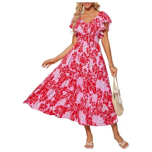 GRACE KARIN abito estivo da donna, elegante, floreale, maxi abito con maniche a volant e scollo a v, fiore rosso e rosa, l