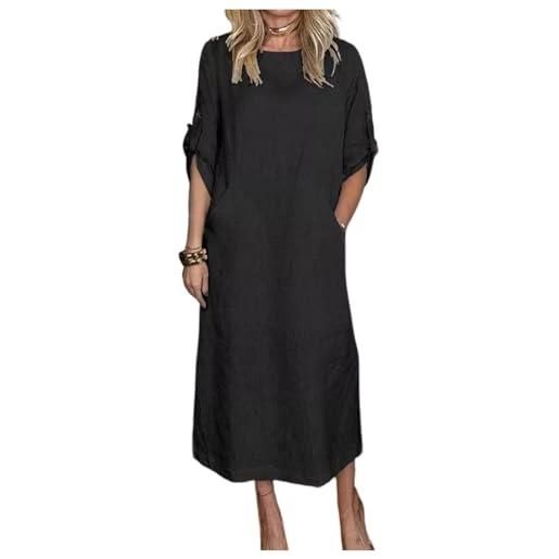 LOKLNEYK abito donna elegante in lino cotone colore unicolore collo tondo maniche corte largo tasca estate spiaggia vacanza taglia grande lungo fluido abbigliamento casual confortevole