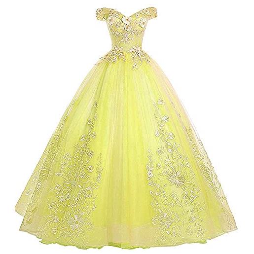 Xinaier donna quinceanera abiti pizzo appliques off spalla ball gown dolce 16 abiti con perla, giallo, 54 più