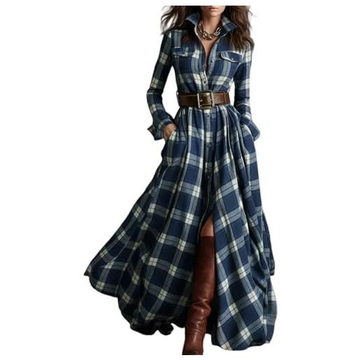 Generic vestito da donna, a maniche lunghe, con motivo a quadri in misto cotone, maxi abito con bottoni e tasche per tutti i giorni, tempo libero, ufficio, 01-blu oltremare, m