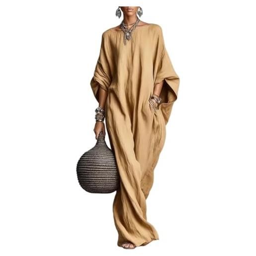 Generico abito lungo da donna in cotone e lino, ampio, con maniche a pipistrello, stile boho estivo casual e svolazzante, con tasche (khaki, xl)