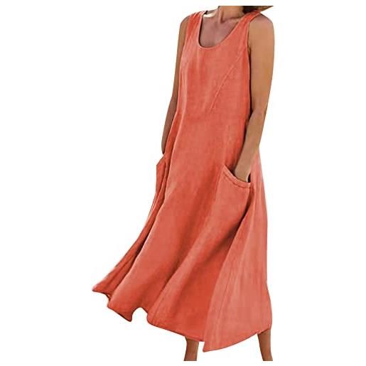 YMING donna collo rotondo cotone lino allentato vestito senza maniche estate maxi vestito casual con tasche arancione m