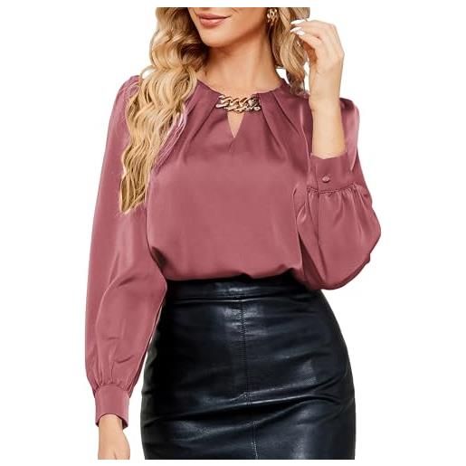 JASAMBAC - camicetta in raso da donna, a maniche lunghe, con catena decorativa, camicette eleganti in raso, camicia elegante, camicetta da lavoro, camicetta in seta, outfit da lavoro, in pelle rosa