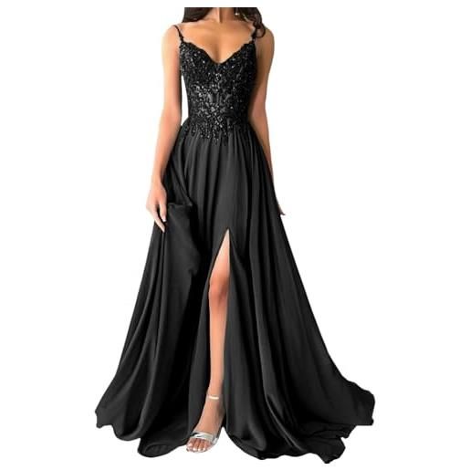 shownicer abito cerimonia donna vestito lunghi eleganti matrimonio abito da sera in chiffon vita alta scollo a v abiti in pizzo vestiti con spacco a nero 46