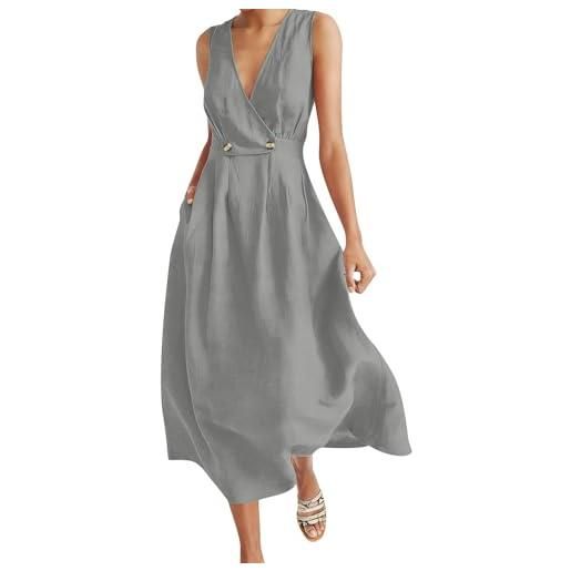 VPQILH vestito donna estivo elegante scollo a v abito lungo senza manica vestiti vita alta vestitini in lino di cotone, leggera e ariosa abiti da vacanze spiaggia