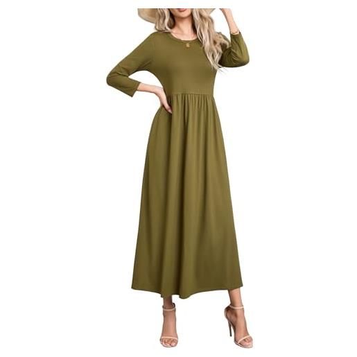 Enmain vestito elegante donna lungo manica lunga verde militare invernale con tasche abito casual moda autunno inverno girocollo tinta unita, xl