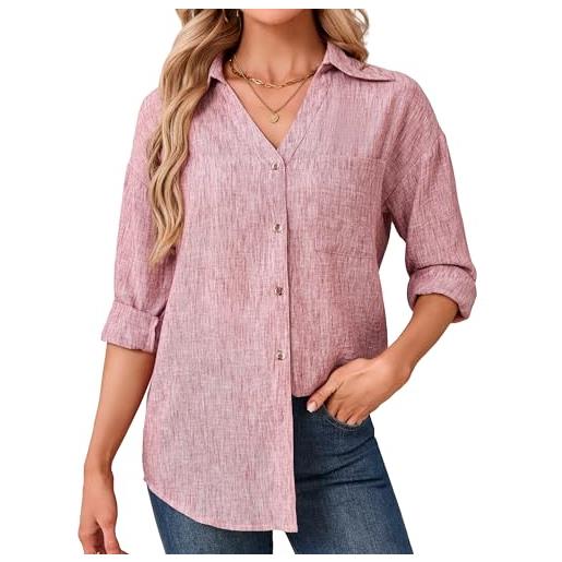 Enmain camicia donna in lino e cotone scollo a v camicie donna manica lunga bluse elegante estiva primaverile taglio regolare per ufficio tempo libero viaggi disponibile in diverse taglie s-3xl