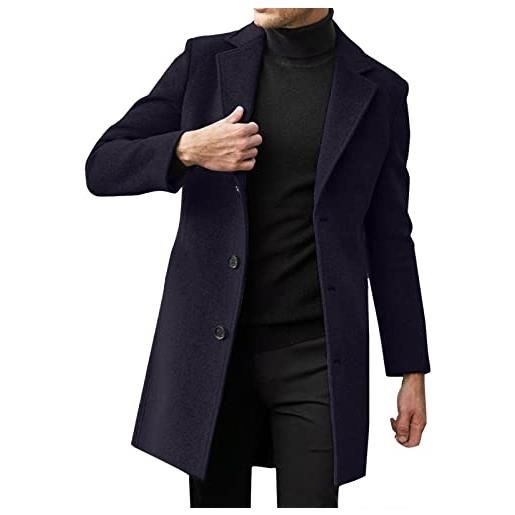 Celanisai - cappotto da uomo, lungo, slim fit, in lana, con colletto a taglio vivo e chiusura a bottoni, trench da uomo, cappotto invernale, caldo, invernale, abbigliamento da uomo, nero, a una fila