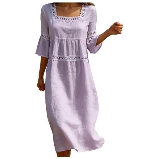 Generisch abito da spiaggia da donna in cotone e lino, maniche a 3/4, abito estivo leggero in lino, scollo a v, abito per il tempo libero, elegante, traspirante, per la spiaggia, per tutti i giorni, ufficio