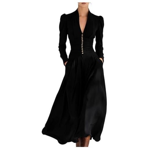 LOKLNEYK abito donna elegante pieghettato colore unicolore collo v scollato maniche lunghe aderente silhouette cerimonia sera taglia grande tenuta elegante sensuale tessuto fluido